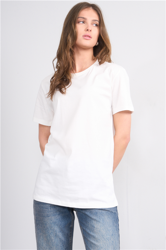 Çetinkaya Fithit 3264 Bayan Bisiklet Yaka 30/1 Penye Regular Basic T-shirt Krem