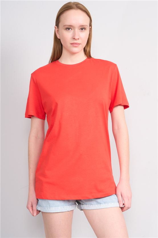 Çetinkaya Fithit 3264 Bayan Bisiklet Yaka 30/1 Penye Regular Basic T-shirt Nar Çiçeği