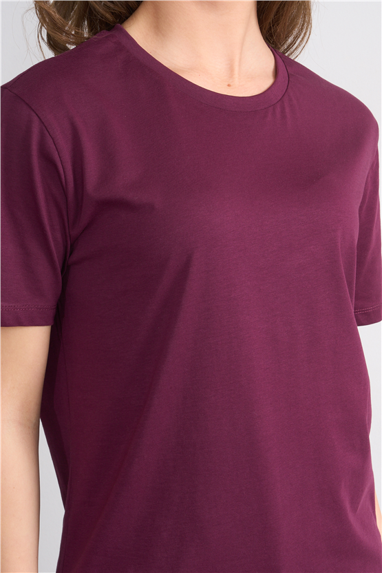 Çetinkaya Fithit 3264 Bayan Bisiklet Yaka 30/1 Penye Regular Basic T-shirt Mürdüm
