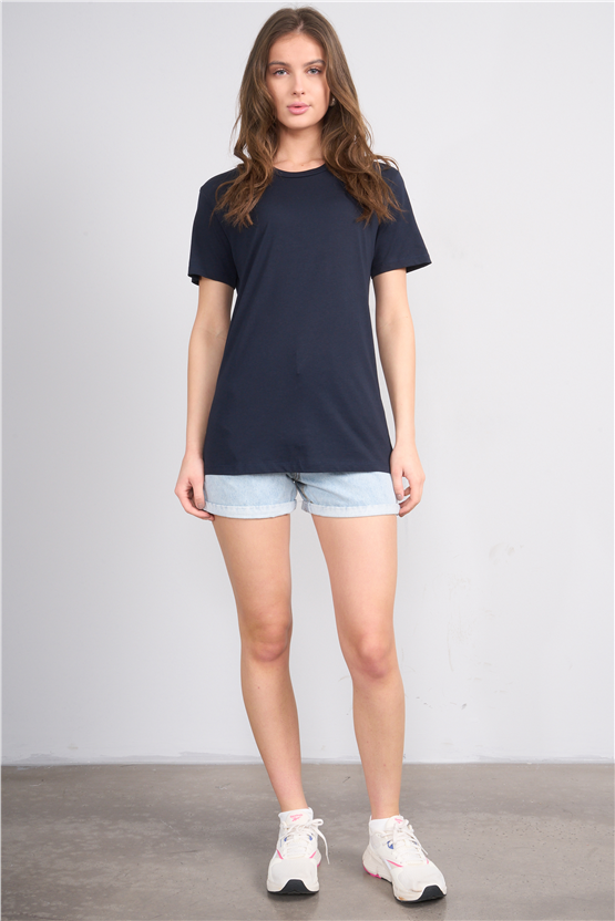 Çetinkaya Fithit 3264 Bayan Bisiklet Yaka 30/1 Penye Regular Basic T-shirt Lacivert