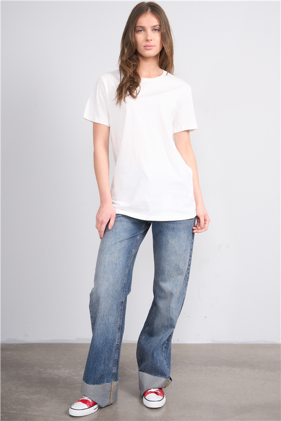 Çetinkaya Fithit 3264 Bayan Bisiklet Yaka 30/1 Penye Regular Basic T-shirt Krem