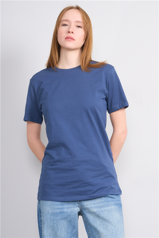 Çetinkaya Fithit 3264 Bayan Bisiklet Yaka 30/1 Penye Regular Basic T-shirt İndigo