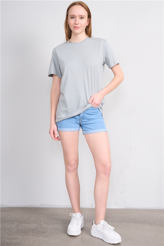 Çetinkaya Fithit 3264 Bayan Bisiklet Yaka 30/1 Penye Regular Basic T-shirt Açık Gri