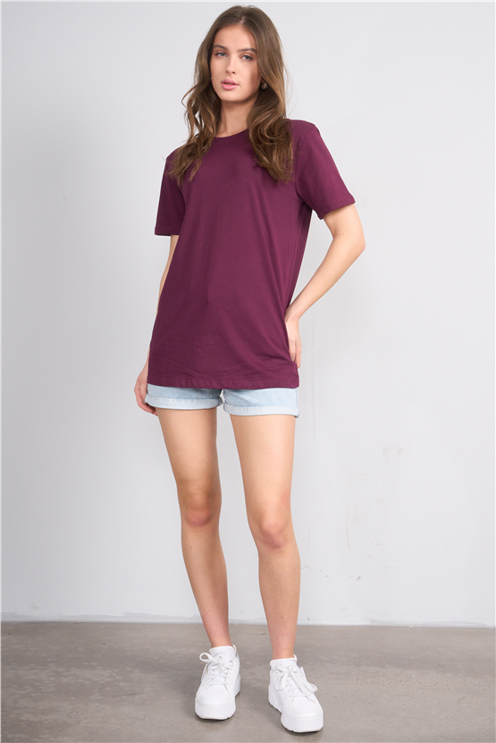 Çetinkaya Fithit 3264 Bayan Bisiklet Yaka 30/1 Penye Regular Basic T-shirt Mürdüm