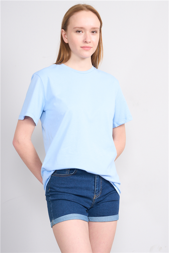 Çetinkaya Fithit 3264 Bayan Bisiklet Yaka 30/1 Penye Regular Basic T-shirt Bebe Mavi