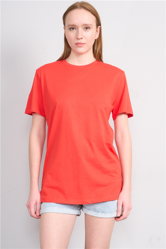 Çetinkaya Fithit 3264 Bayan Bisiklet Yaka 30/1 Penye Regular Basic T-shirt Nar Çiçeği