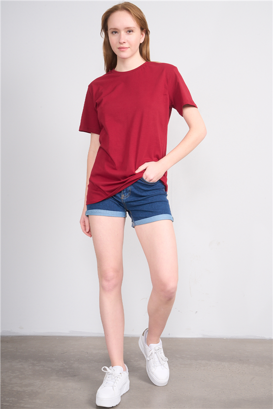 Çetinkaya Fithit 3264 Bayan Bisiklet Yaka 30/1 Penye Regular Basic T-shirt Bordo