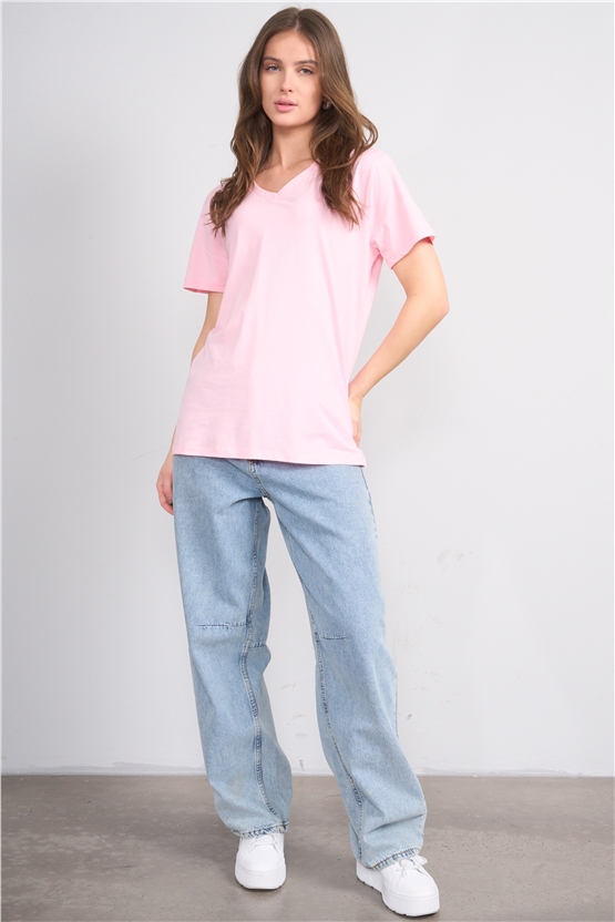 Çetinkaya Fithit 3265 Bayan V Yaka 30/1 Penye Regular Basic T-shirt Açık Pembe