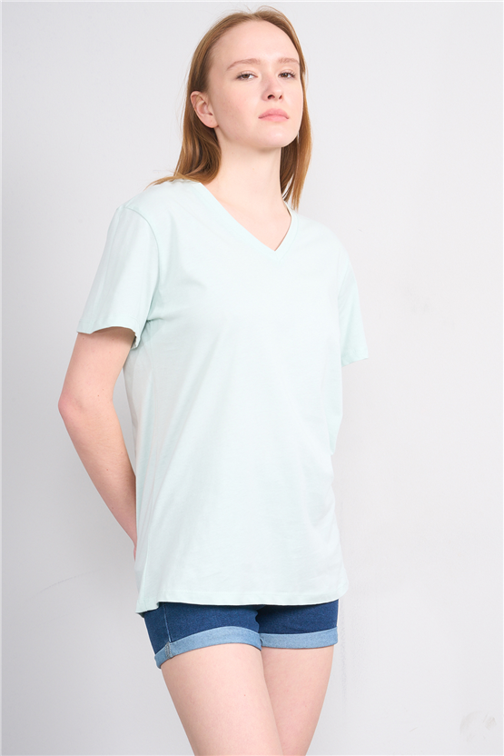 Çetinkaya Fithit 3265 Bayan V Yaka 30/1 Penye Regular Basic T-shirt Çağla