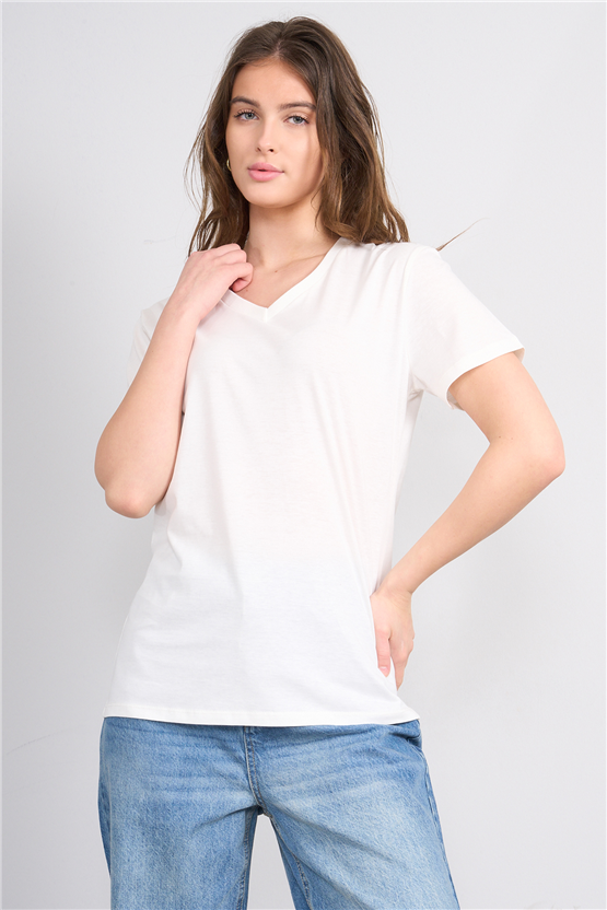 C.K Y26 3265 Fithit Byn V Yk. 30/1 Penye Basic Regular T-shirt Krem