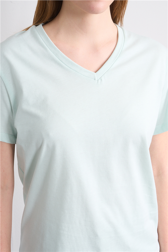 Çetinkaya Fithit 3265 Bayan V Yaka 30/1 Penye Regular Basic T-shirt Çağla