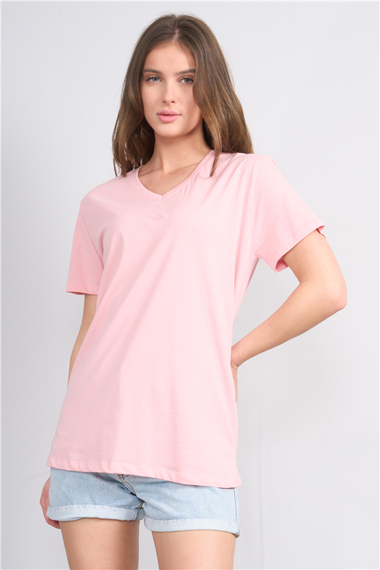 Çetinkaya Fithit 3265 Bayan V Yaka 30/1 Penye Regular Basic T-shirt Pudra