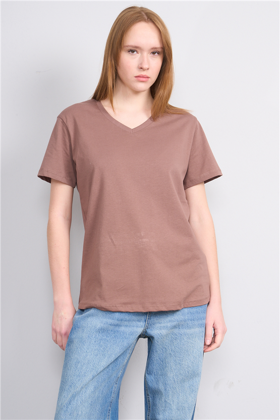 Çetinkaya Fithit 3265 Bayan V Yaka 30/1 Penye Regular Basic T-shirt Kakao