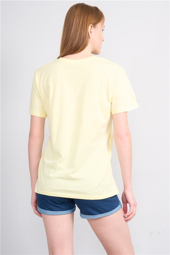 Çetinkaya Fithit 3265 Bayan V Yaka 30/1 Penye Regular Basic T-shirt Uçuk Sarı