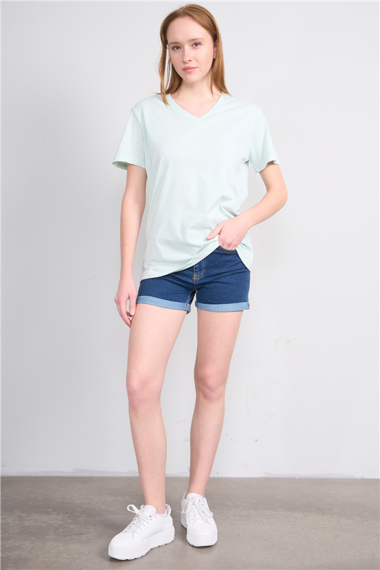 Çetinkaya Fithit 3265 Bayan V Yaka 30/1 Penye Regular Basic T-shirt Çağla