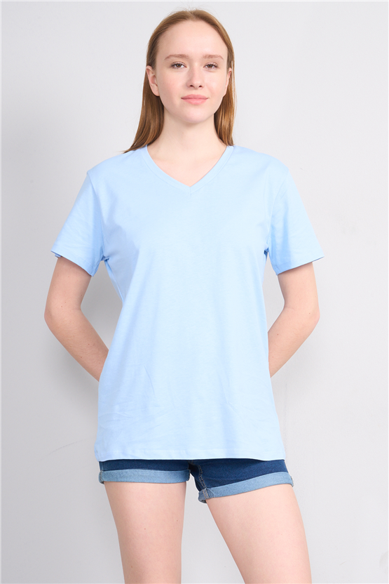 Çetinkaya Fithit 3265 Bayan V Yaka 30/1 Penye Regular Basic T-shirt Bebe Mavi