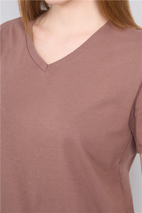 Çetinkaya Fithit 3265 Bayan V Yaka 30/1 Penye Regular Basic T-shirt Kakao