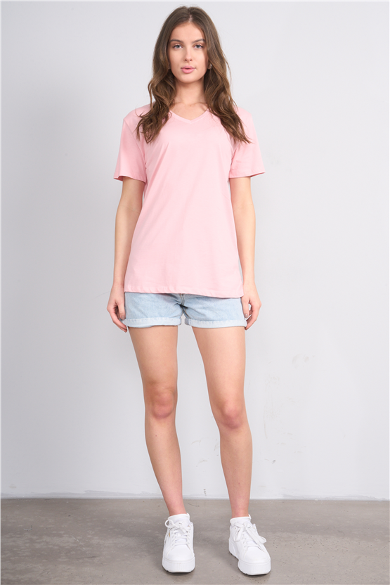 Çetinkaya Fithit 3265 Bayan V Yaka 30/1 Penye Regular Basic T-shirt Pudra