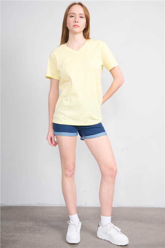 Çetinkaya Fithit 3265 Bayan V Yaka 30/1 Penye Regular Basic T-shirt Uçuk Sarı