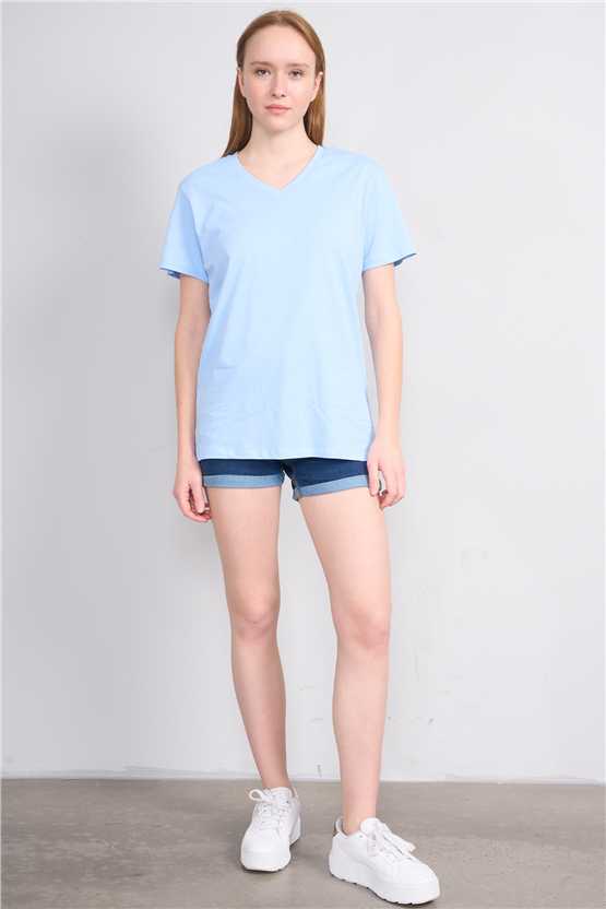 Çetinkaya Fithit 3265 Bayan V Yaka 30/1 Penye Regular Basic T-shirt Bebe Mavi