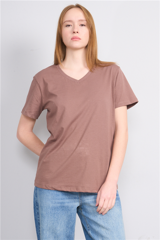 Çetinkaya Fithit 3265 Bayan V Yaka 30/1 Penye Regular Basic T-shirt Kakao