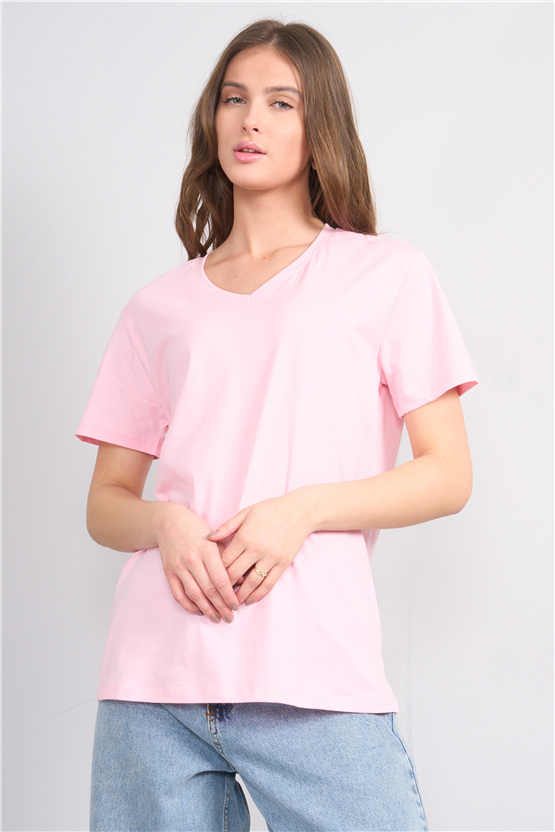 Çetinkaya Fithit 3265 Bayan V Yaka 30/1 Penye Regular Basic T-shirt Açık Pembe