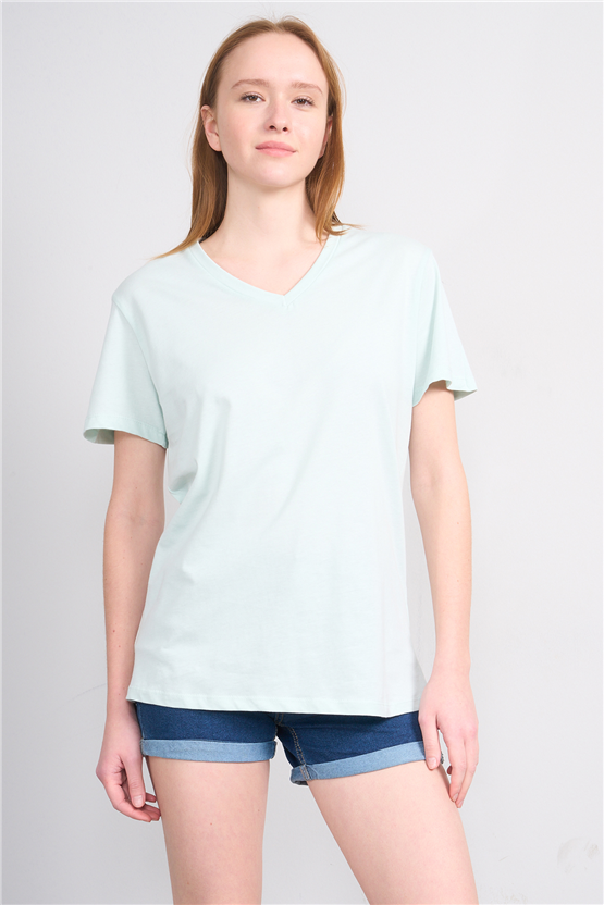 Çetinkaya Fithit 3265 Bayan V Yaka 30/1 Penye Regular Basic T-shirt Çağla