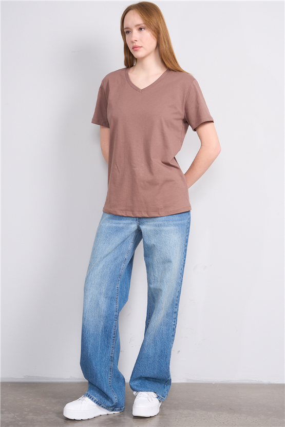 Çetinkaya Fithit 3265 Bayan V Yaka 30/1 Penye Regular Basic T-shirt Kakao