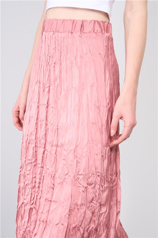 Çetinkaya Fithit 4347 Bayan Şifon Saten Kırışık Görünümlü Etek Gül Kurusu