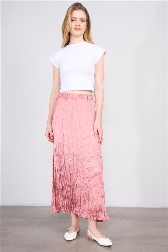 Çetinkaya Fithit 4347 Bayan Şifon Saten Kırışık Görünümlü Etek Gül Kurusu