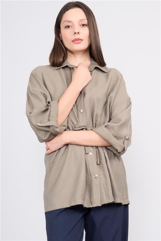 Çetinkaya Fithit 5176 Kadın Beli Bağcıklı Tencel Ceket Haki