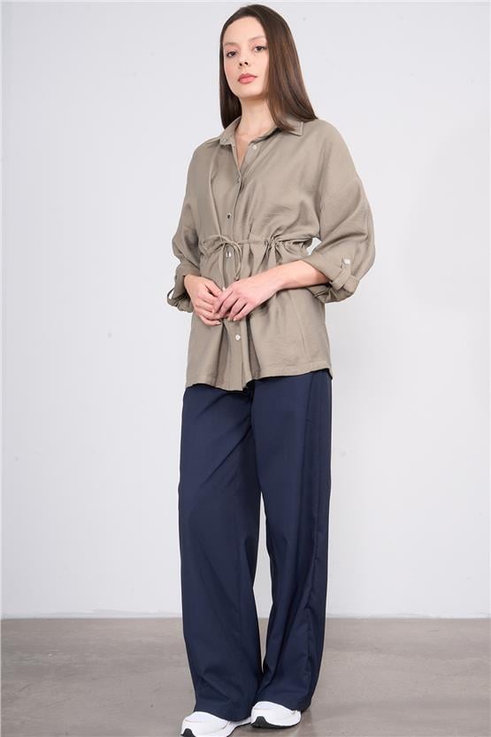 Çetinkaya Fithit 5176 Kadın Beli Bağcıklı Tencel Ceket Haki