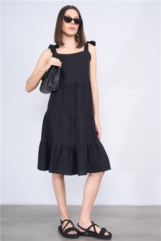 Çetinkaya Fithit 6089 Kadın Kare Yaka Askılı Müslin Elbise Siyah