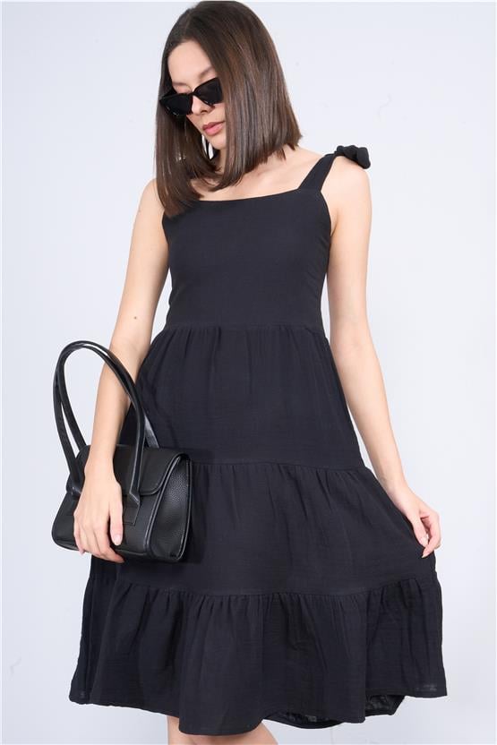 Çetinkaya Fithit 6089 Kadın Kare Yaka Askılı Müslin Elbise Siyah