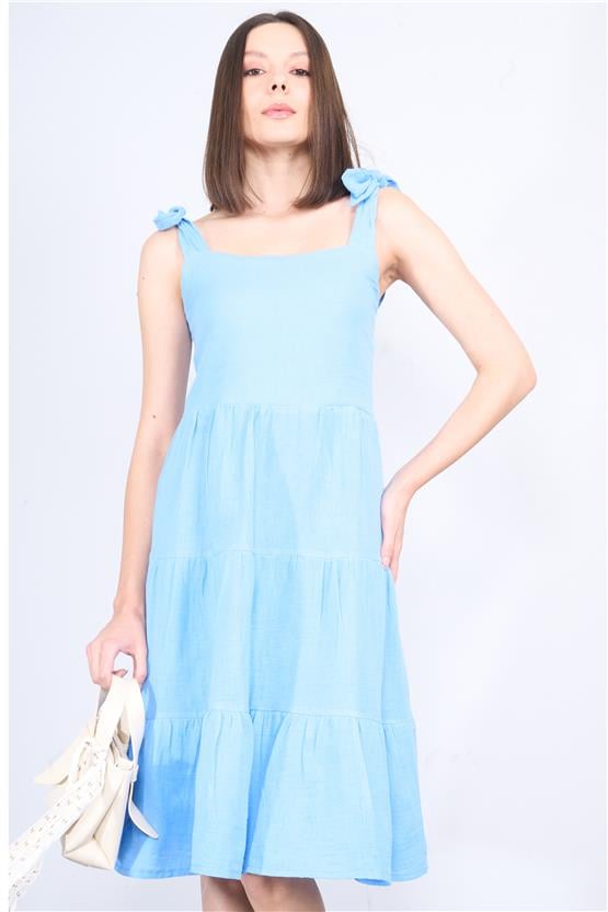 Çetinkaya Fithit 6089 Kadın Kare Yaka Askılı Müslin Elbise Mavi