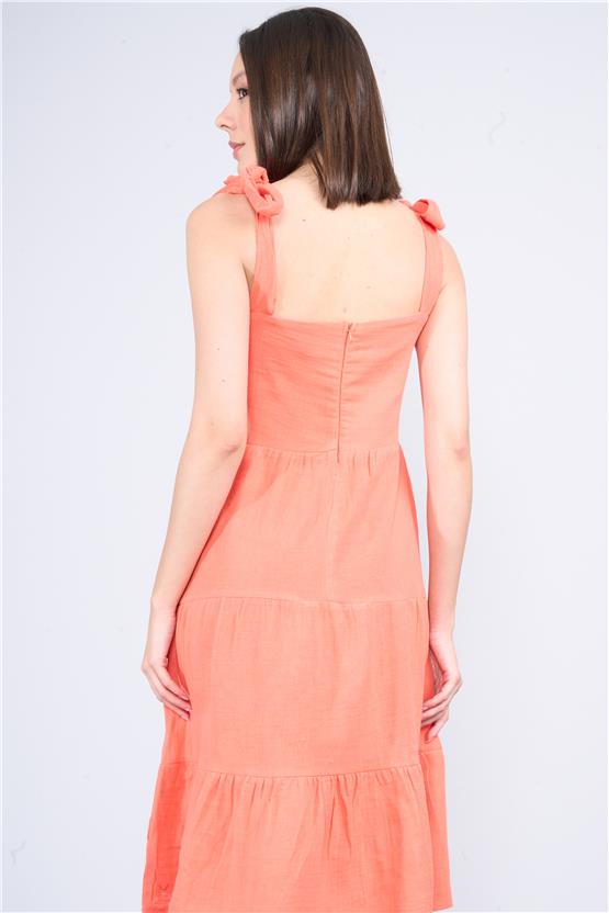 Çetinkaya Fithit 6089 Kadın Kare Yaka Askılı Müslin Elbise Nar Çiçeği