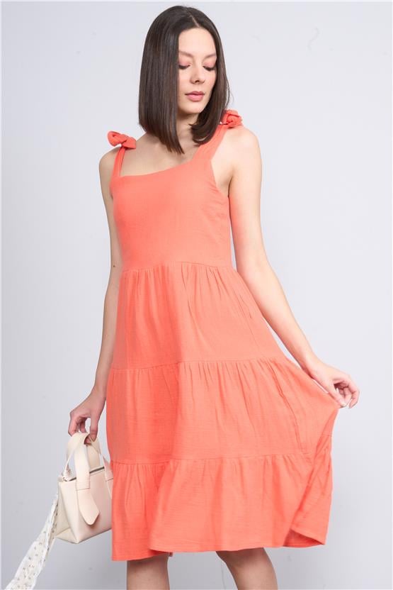 Çetinkaya Fithit 6089 Kadın Kare Yaka Askılı Müslin Elbise Nar Çiçeği