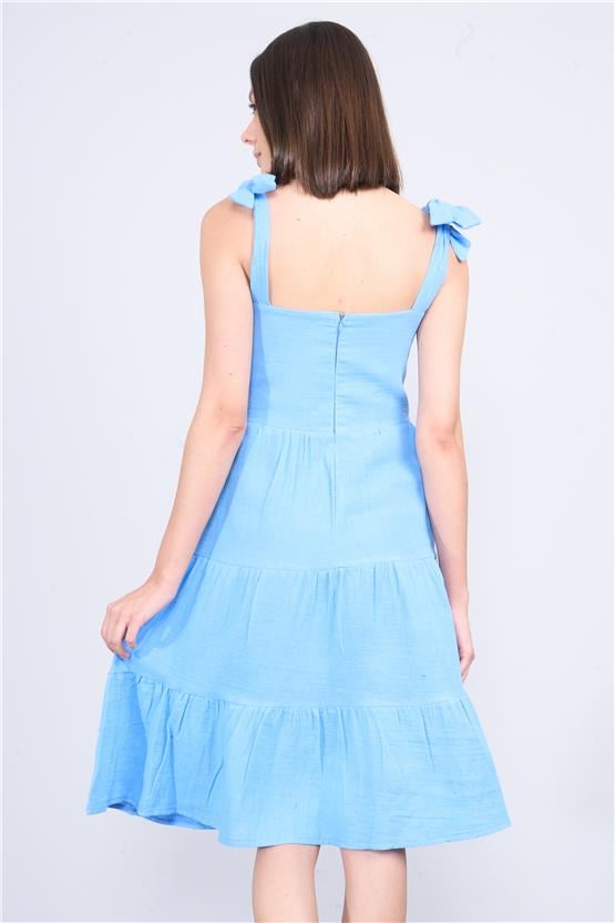 Çetinkaya Fithit 6089 Kadın Kare Yaka Askılı Müslin Elbise Mavi