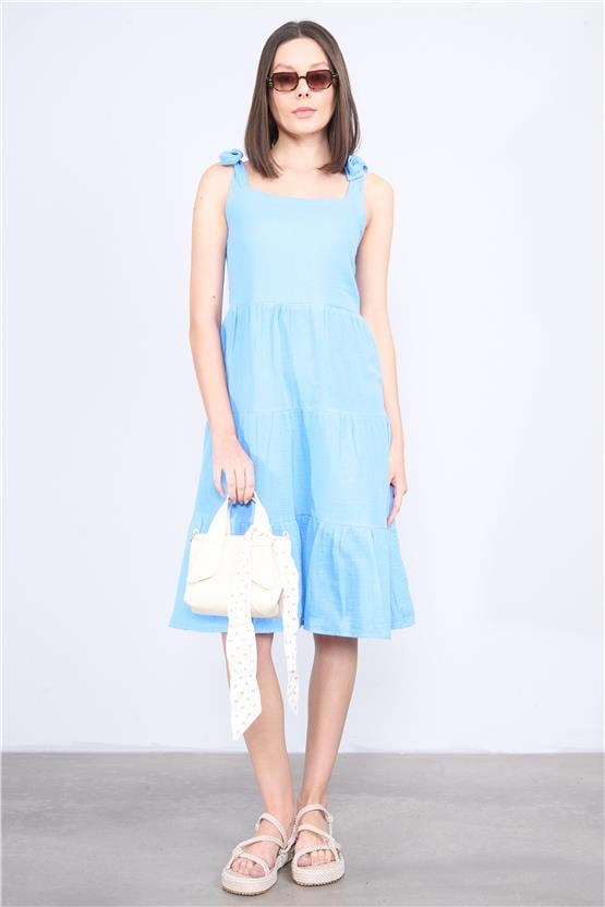 Çetinkaya Fithit 6089 Kadın Kare Yaka Askılı Müslin Elbise Mavi