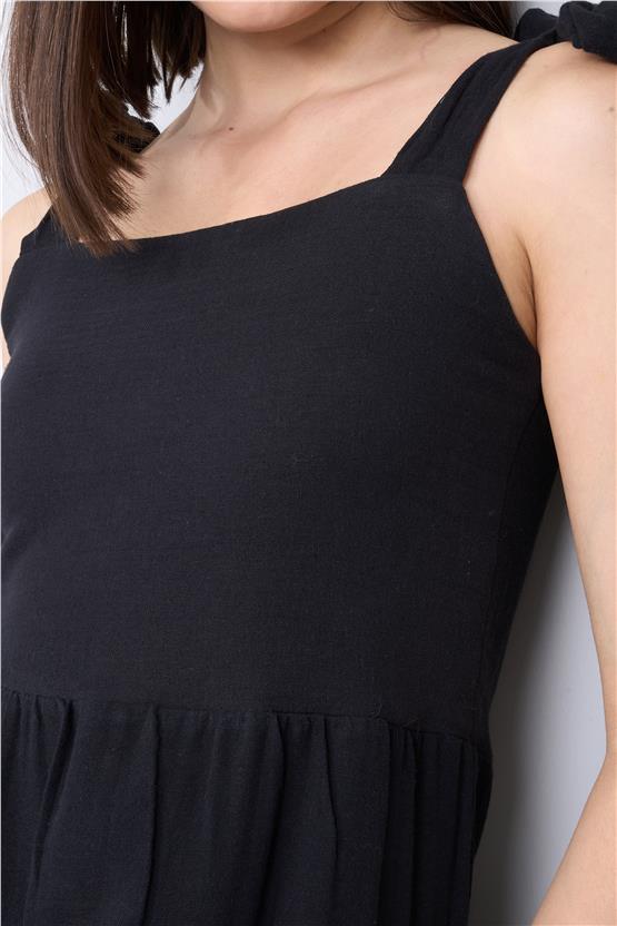 Çetinkaya Fithit 6089 Kadın Kare Yaka Askılı Müslin Elbise Siyah