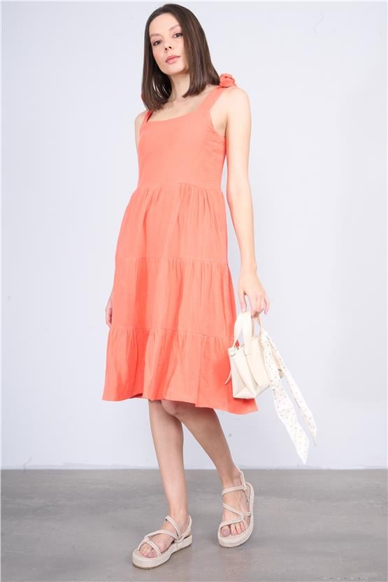 Çetinkaya Fithit 6089 Kadın Kare Yaka Askılı Müslin Elbise Nar Çiçeği