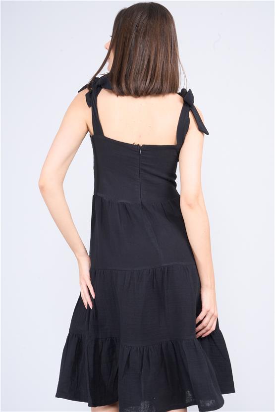 Çetinkaya Fithit 6089 Kadın Kare Yaka Askılı Müslin Elbise Siyah