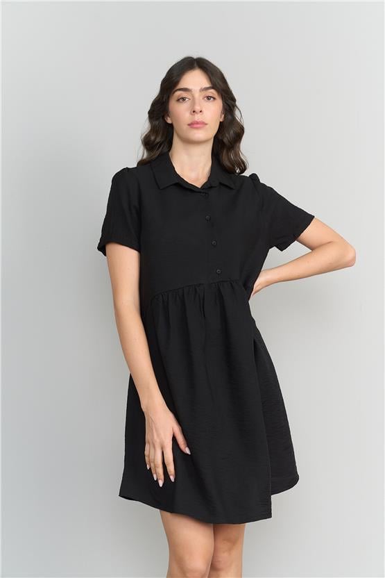 Çetinkaya Fithit 6108 Kadın Bel Büzgülü Kısa Gömlek Yaka Elbise Siyah