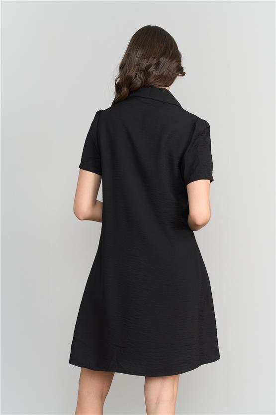 Çetinkaya Fithit 6108 Kadın Bel Büzgülü Kısa Gömlek Yaka Elbise Siyah