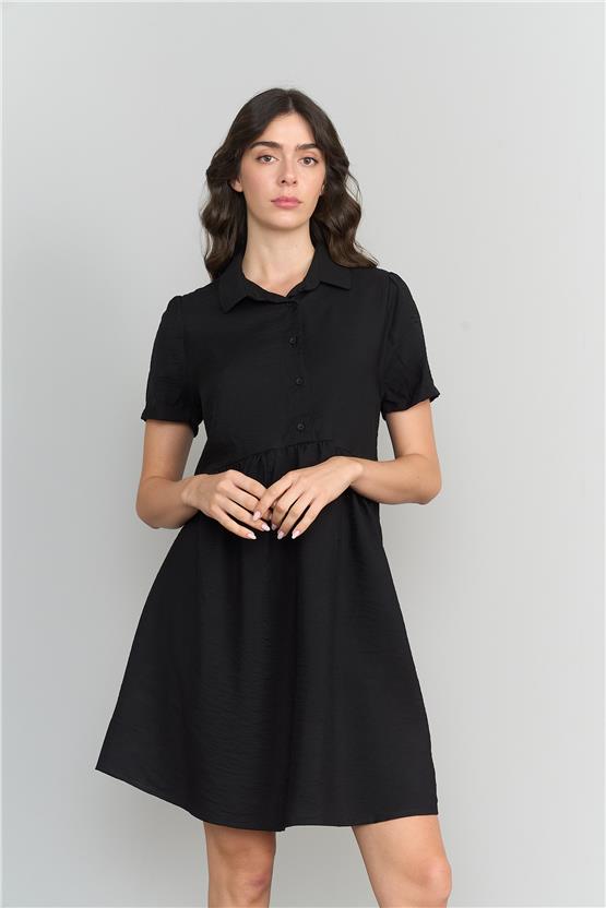 Çetinkaya Fithit 6108 Kadın Bel Büzgülü Kısa Gömlek Yaka Elbise Siyah