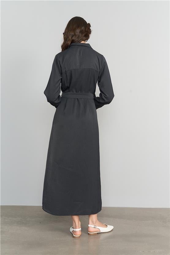 Çetinkaya Fithit 6122 Kadın Tencel Cepli Diz Altı Elbise Siyah