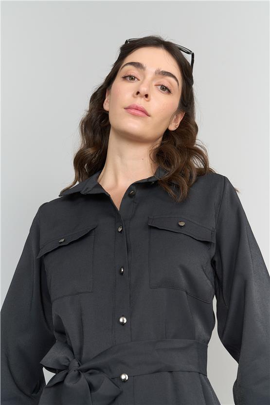 Çetinkaya Fithit 6122 Kadın Tencel Cepli Diz Altı Elbise Siyah