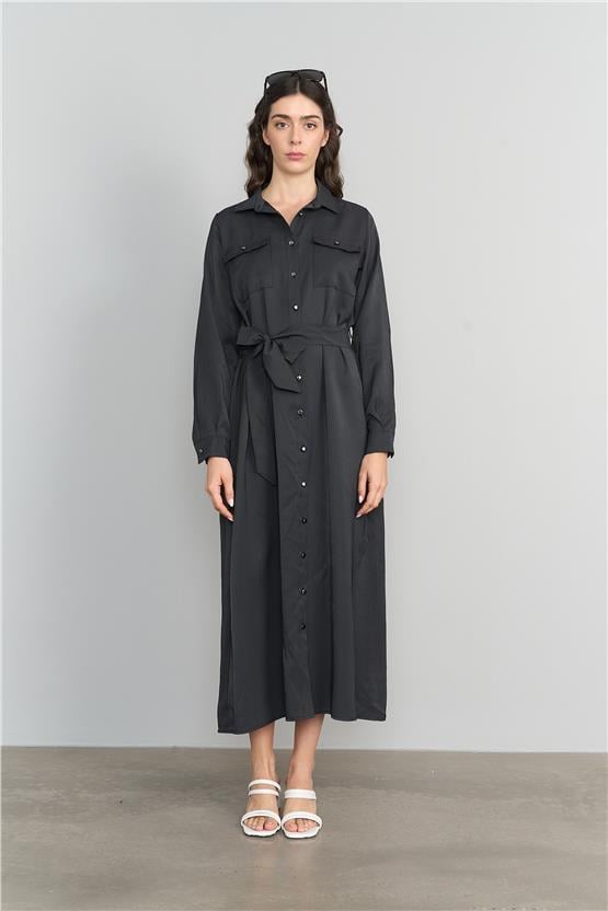 Çetinkaya Fithit 6122 Kadın Tencel Cepli Diz Altı Elbise Siyah