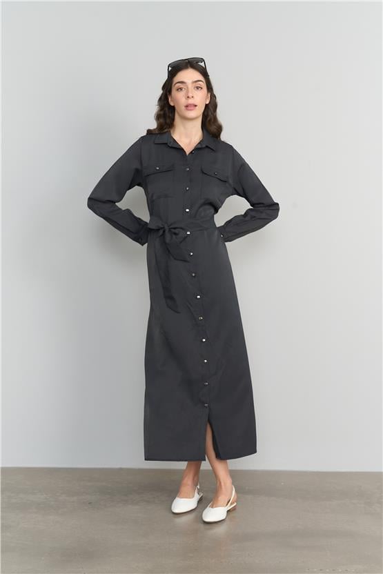 Çetinkaya Fithit 6122 Kadın Tencel Cepli Diz Altı Elbise Siyah