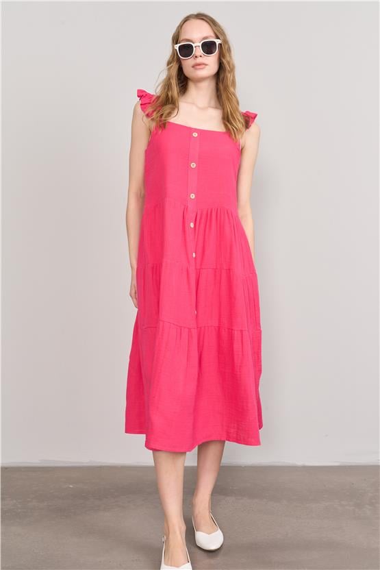 Çetinkaya Fithit 6303 Kadın Kare Yaka Askılı Müslin Elbise Fuşya